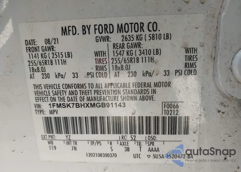2021 Ford Explorer z USA, uszkodzony, nr VIN 1FMSK7BHXMGB91143